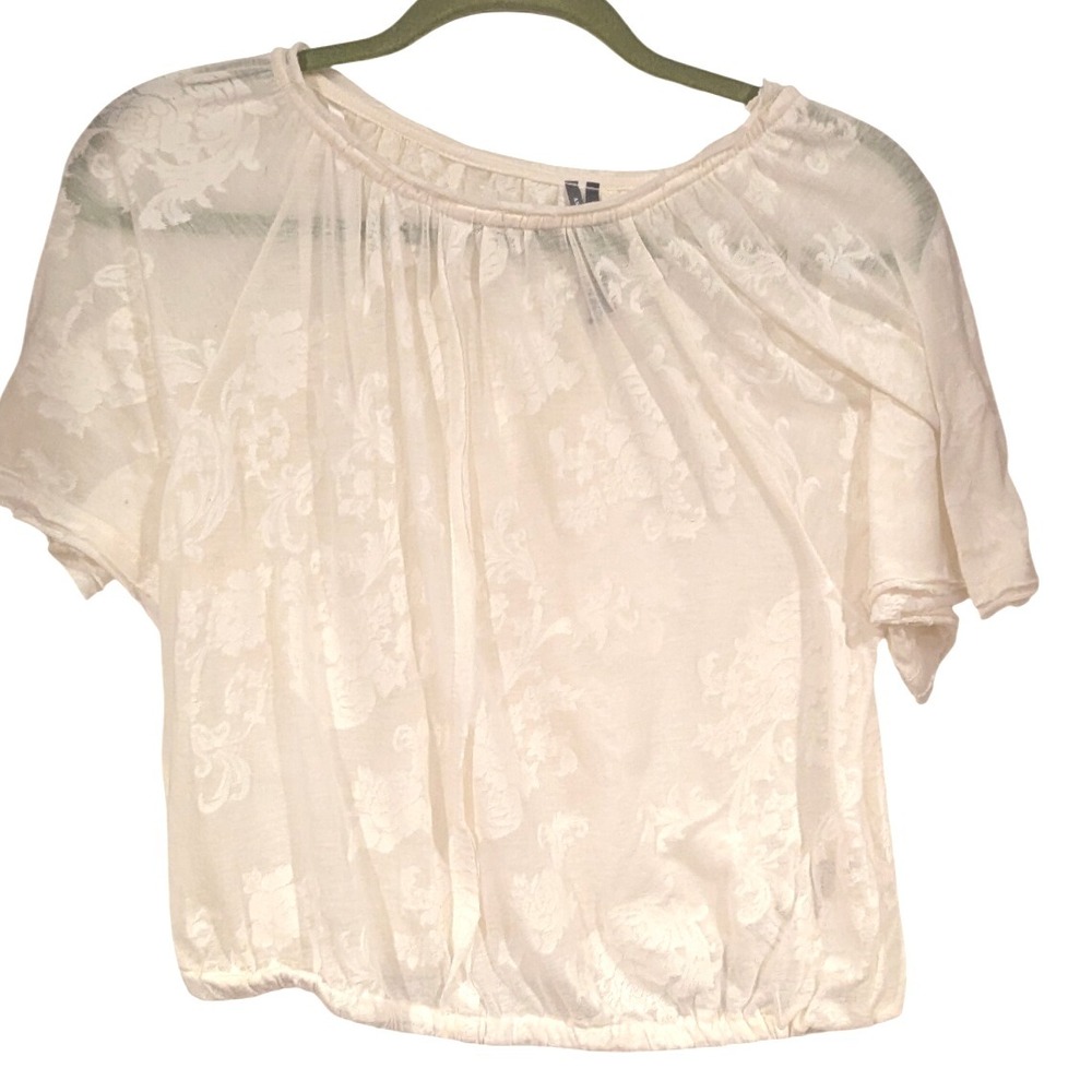 Anthropologie Ivory Floral Lace Sheer Blouse‎ Top Short Sleeve Size S Cropped